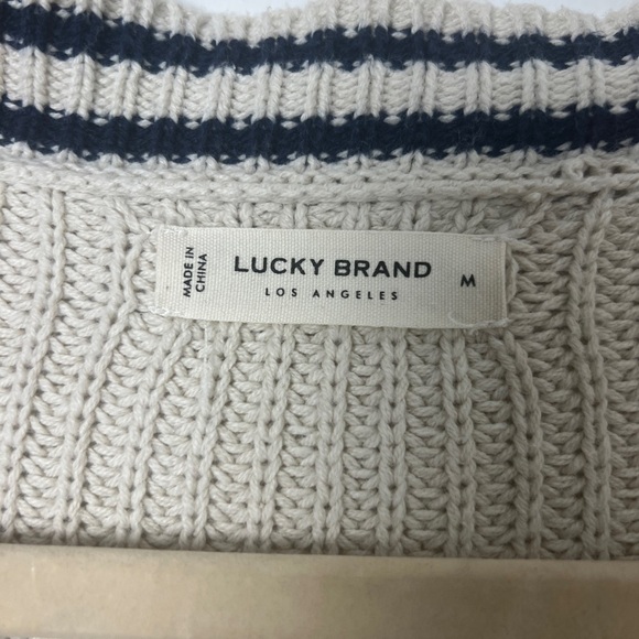 Lucky Brand Women's Medium Straw Heather Textured Stripe Varsity Sweater Relaxed - Picture 11 of 14